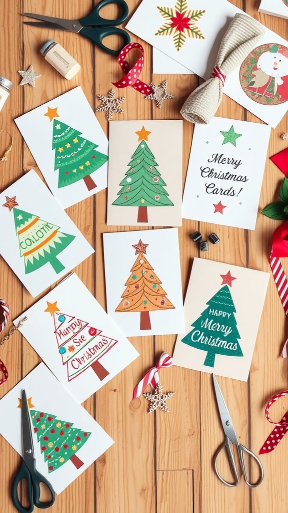 Handmade Christmas cards with festive designs on a crafting table.
